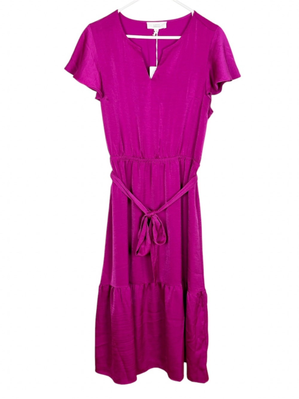 Lucky Brand Dress Size XL Midi Satin Festival Fuchsia Flutter Sleeve Ruffle